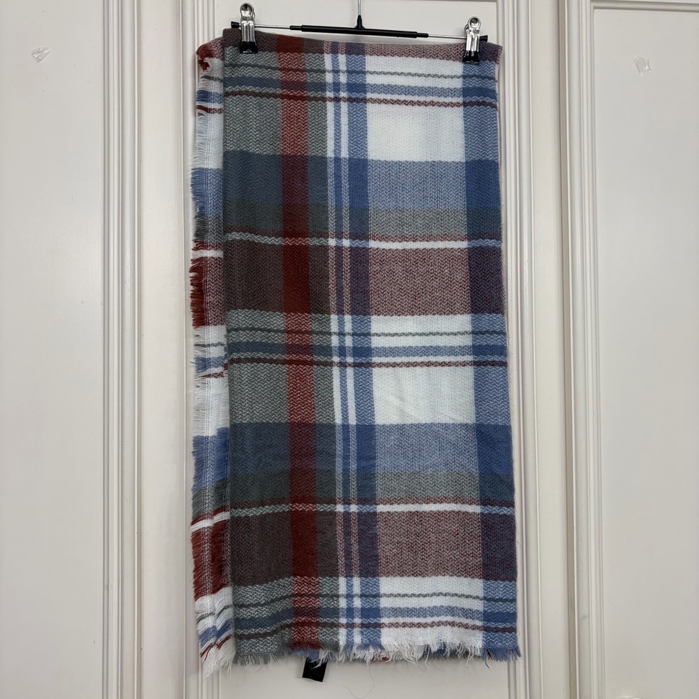 Zara Accessories Blue Plaid Oversized Blanket Scarf Shawl Fringed Edges 56x56